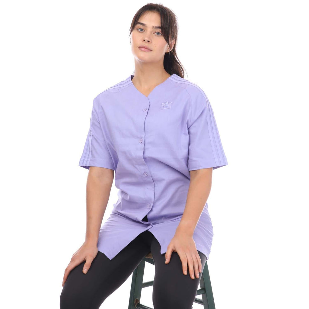 Light purple adidas linen baseball dress, short sleeves, button-front V-neck
