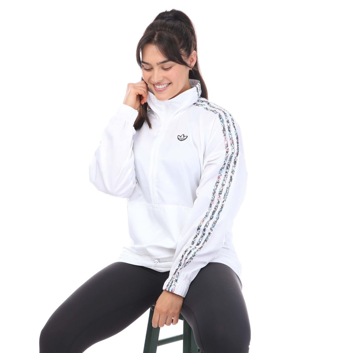 Half-zip windbreaker jacket, white with patterned sleeve stripes and trefoil logo
