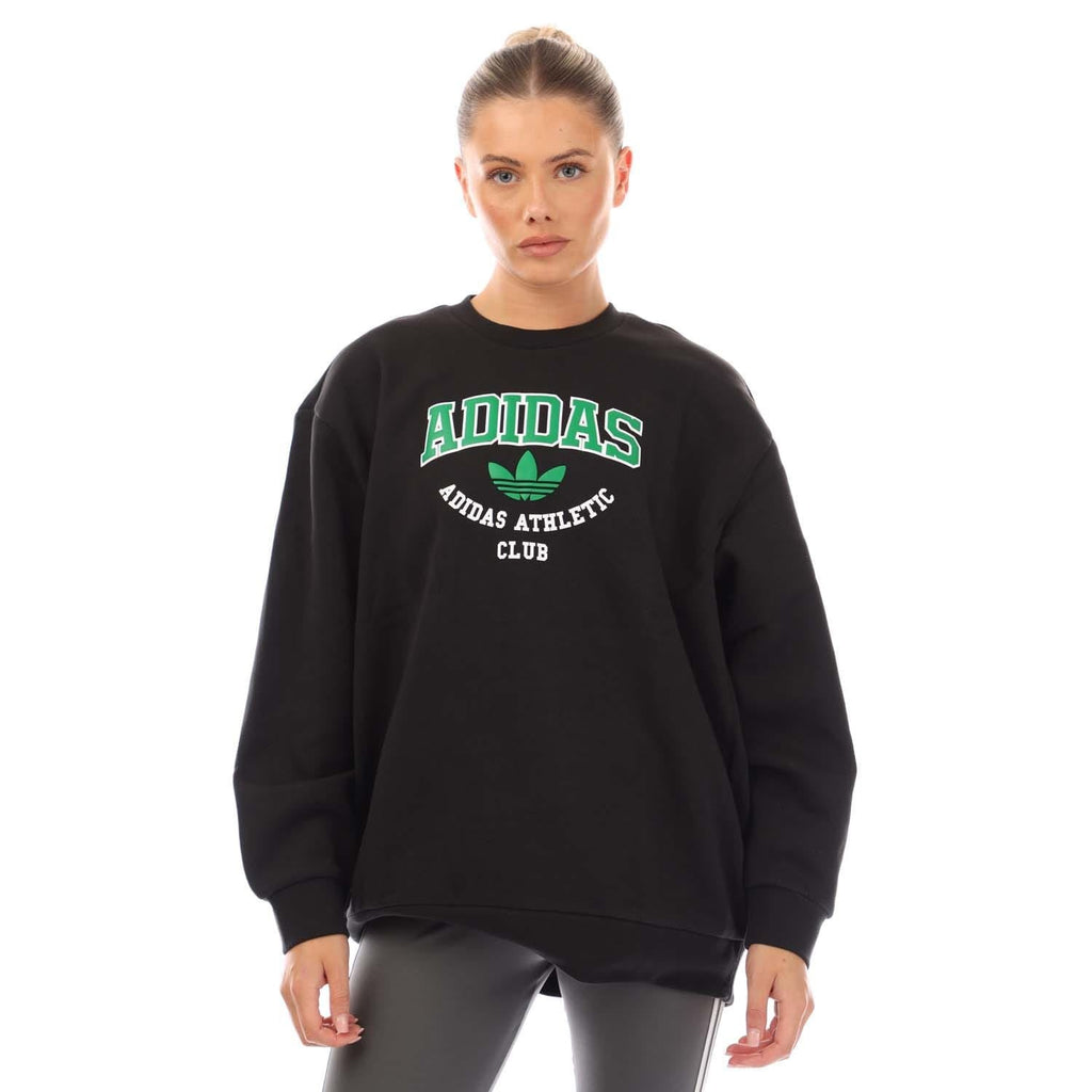 Black crewneck sweatshirt with green adidas athletic club logo print
