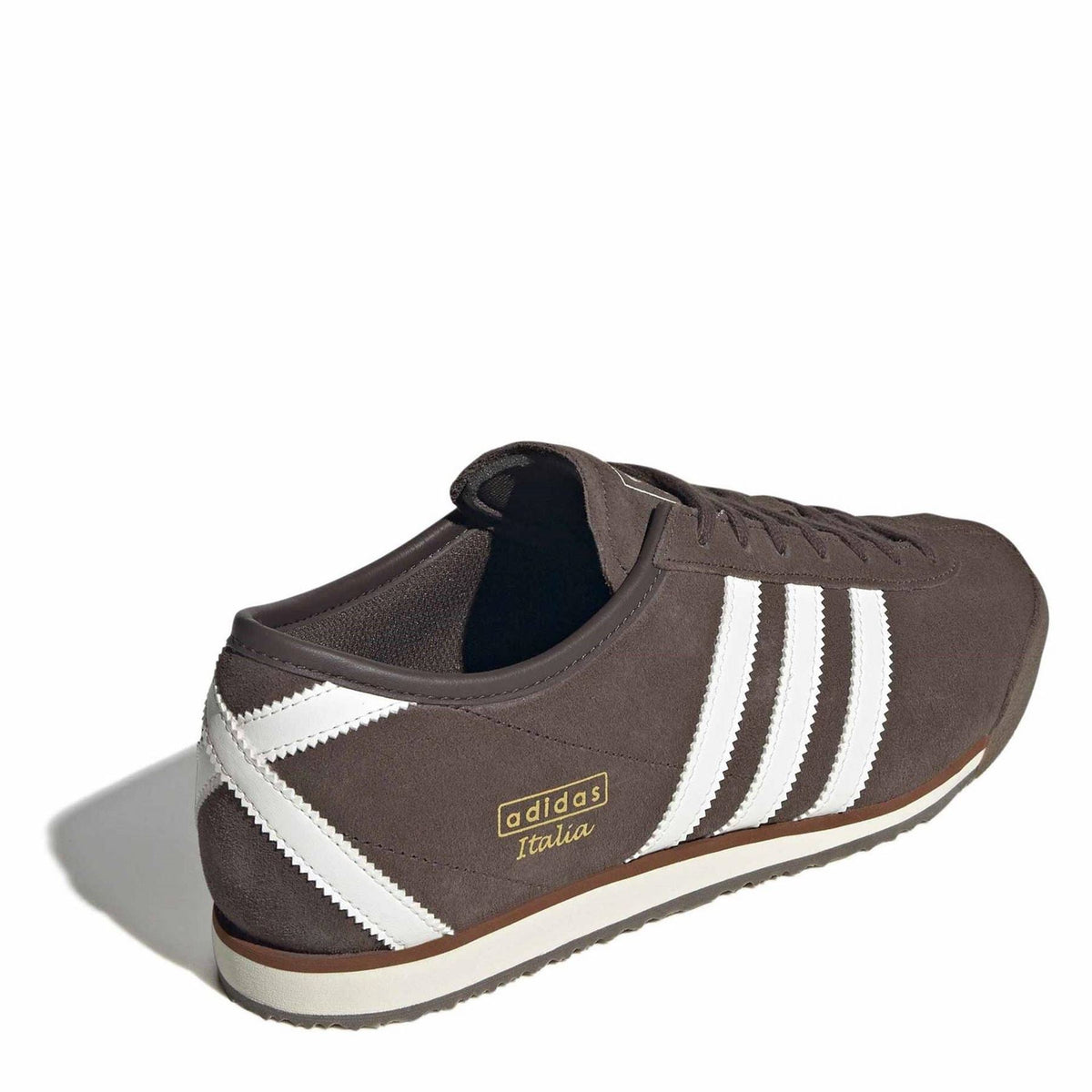 Brown Italia 70s sneaker with off-white stripes and padded collar heel view