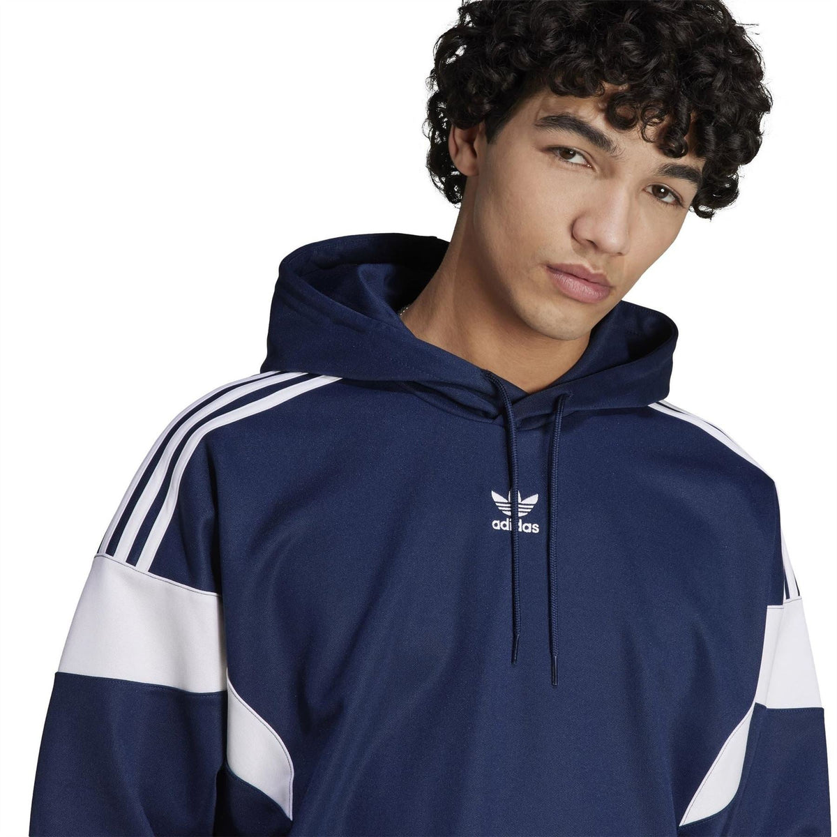 Navy hooded sweatshirt close-up with adidas trefoil logo, drawstring, and white sleeve stripes