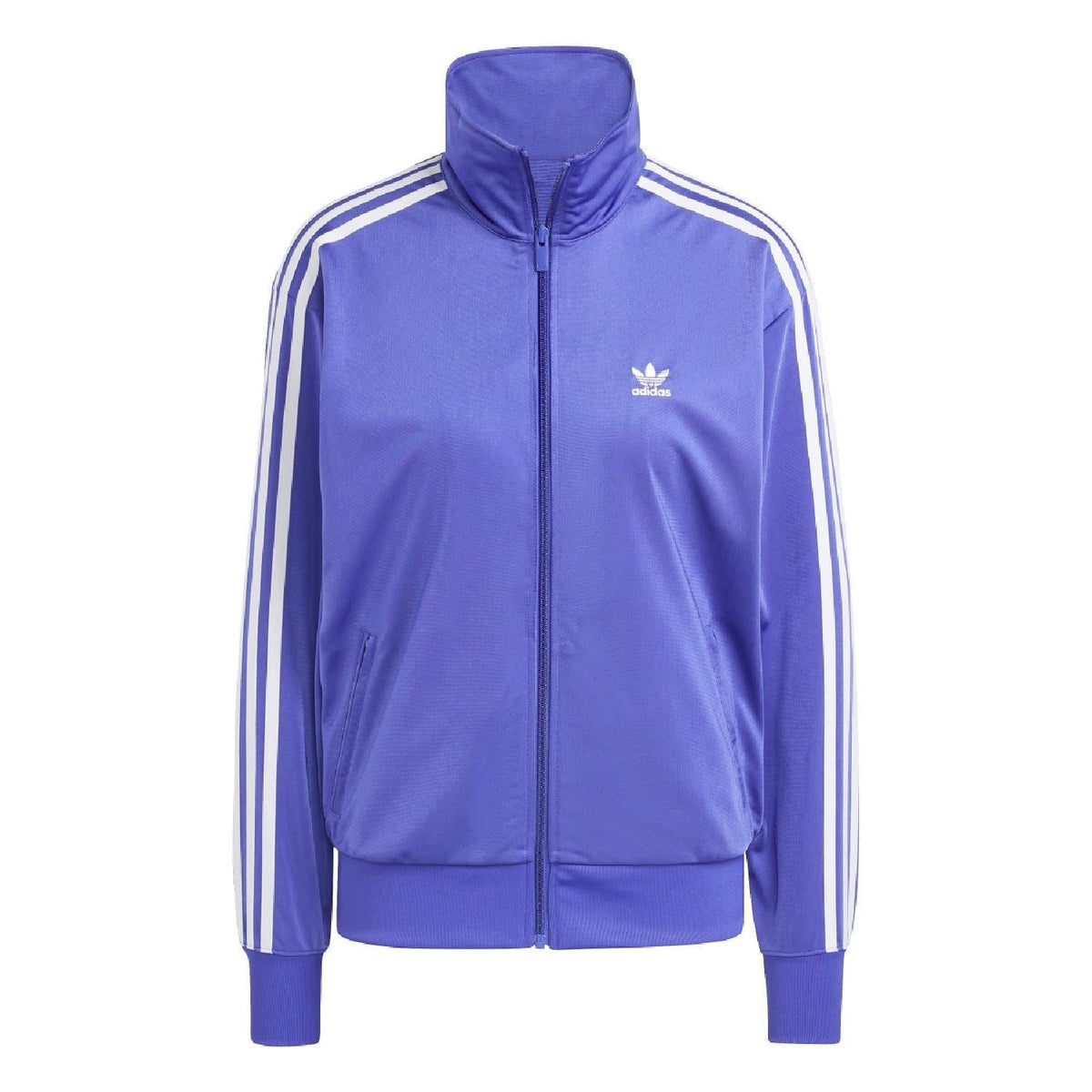 Purple zip-up track top with attached hood, white sleeve stripes, adidas logo