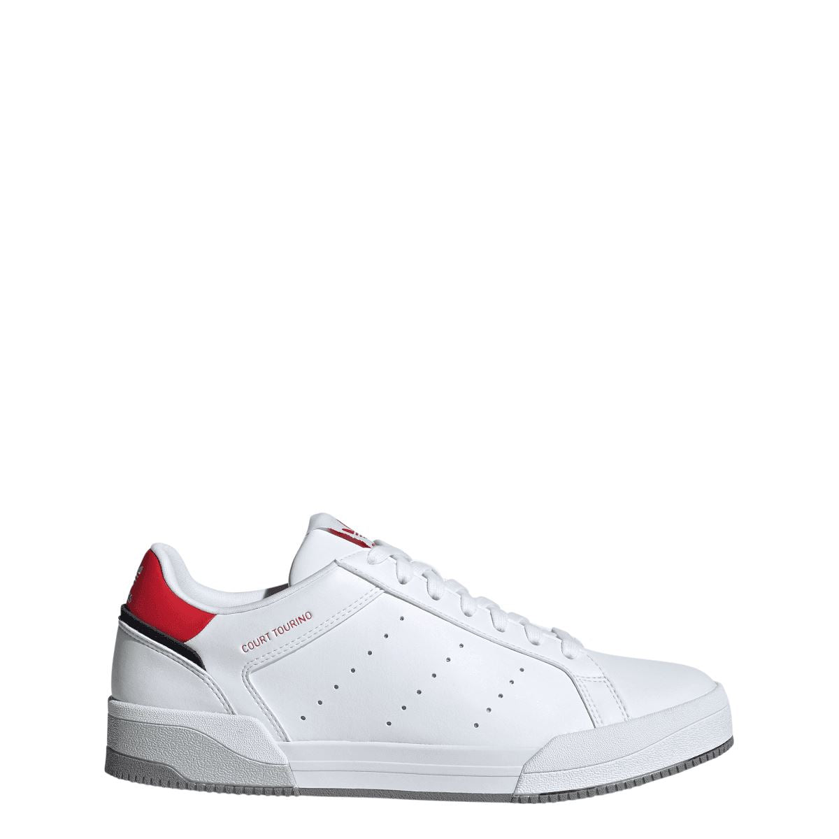 White adidas Originals trainers with red collar accent, lace-up front, and gray sole