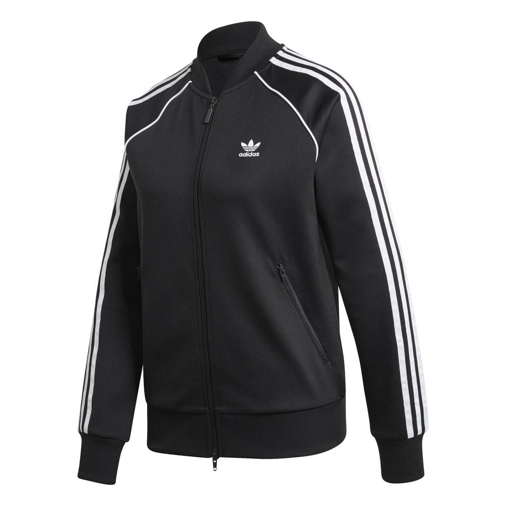 Black adidas track top, full-zip front with adidas logo and white triple sleeve stripes