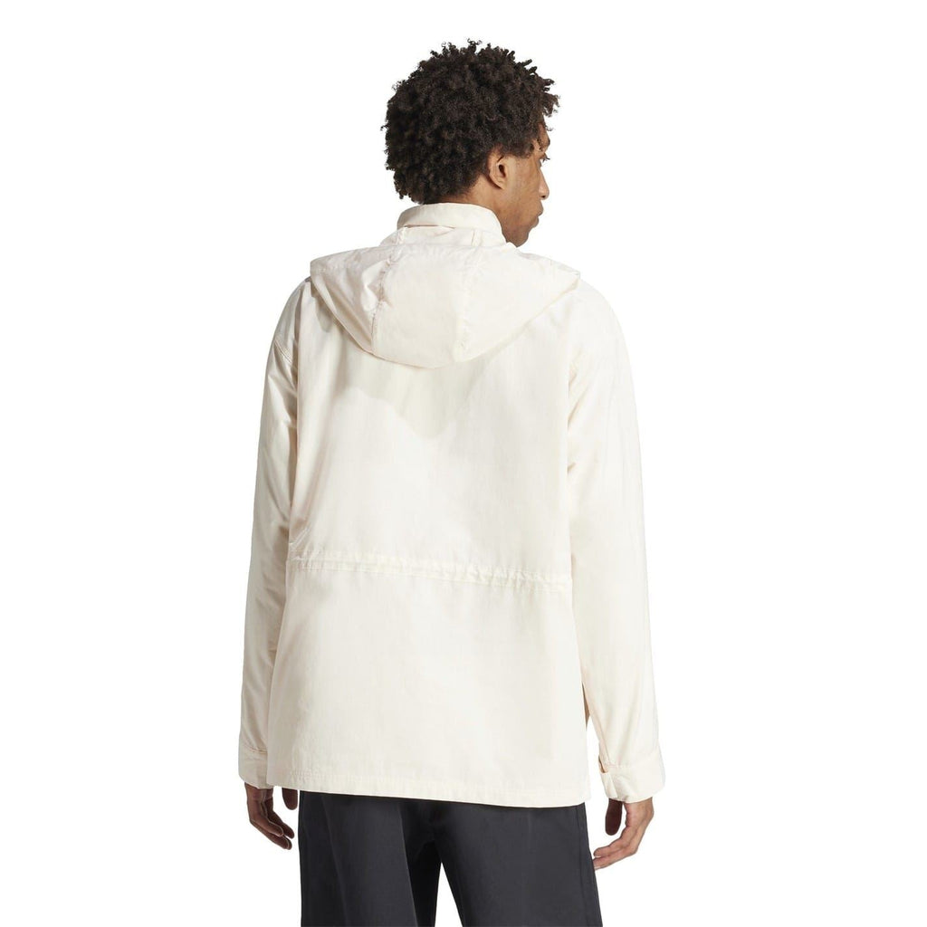 adidas Originals windbreaker jacket with external pocket, lightweight coat with hood, black color, and sporty design.
