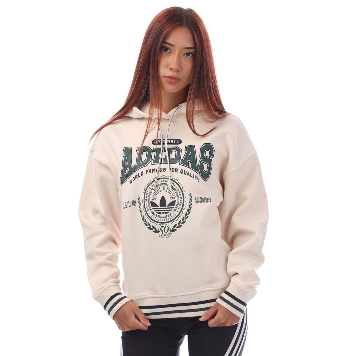 Off-white Adidas Originals hoodie with large front graphic, drawstring hood, striped cuffs