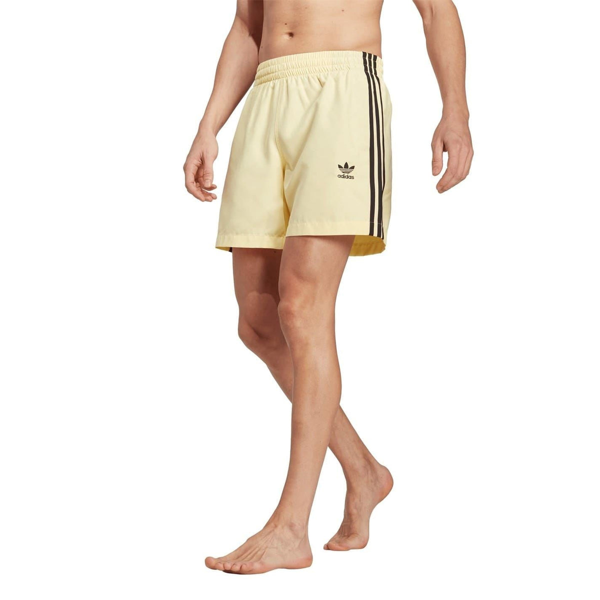 adidas Originals Ori 3 Stripes swim shorts in navy with white stripes and elastic waistband, suitable for swimming and beachwear