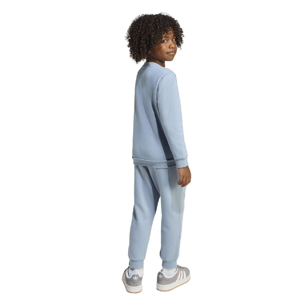 Light blue infant adidas Originals sweatshirt and joggers, side profile view.