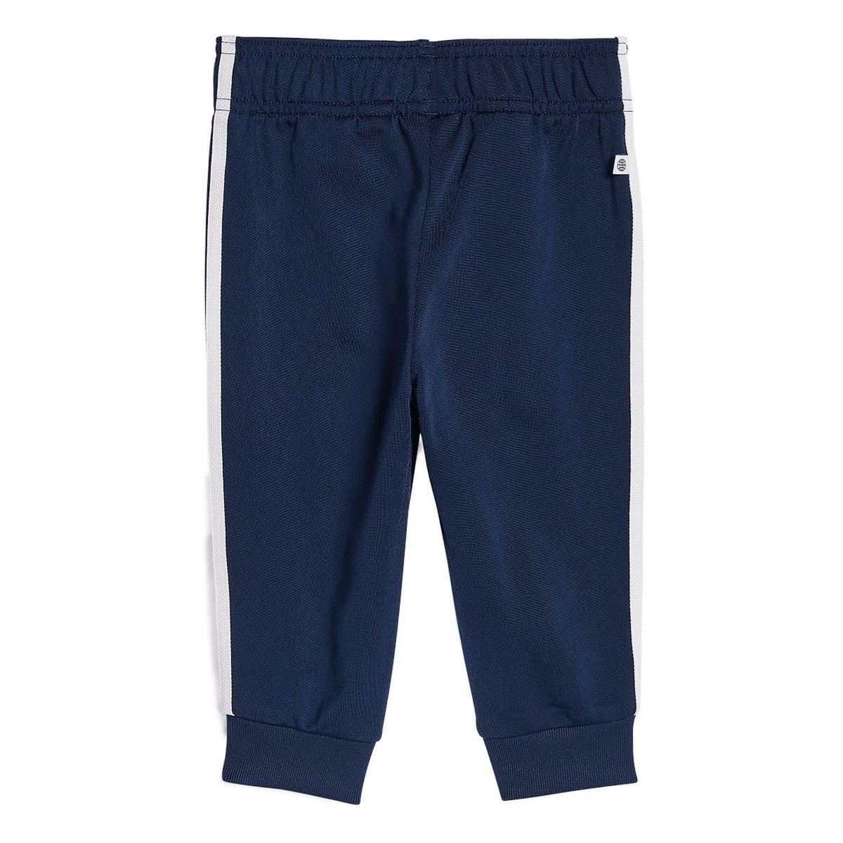 Infants navy adidas jogger bottoms with white 3-Stripe side bands and elastic cuffs.