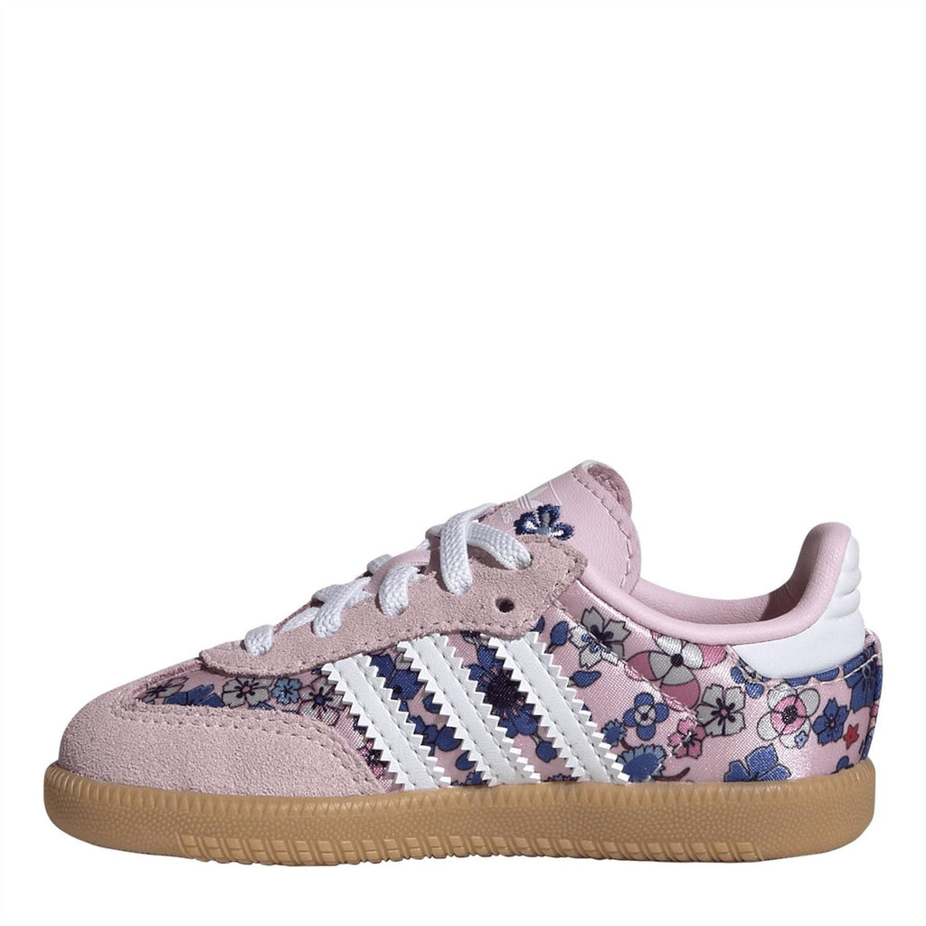 Pink and white adidas Samba OG sneaker, side view with floral panels and gum sole.