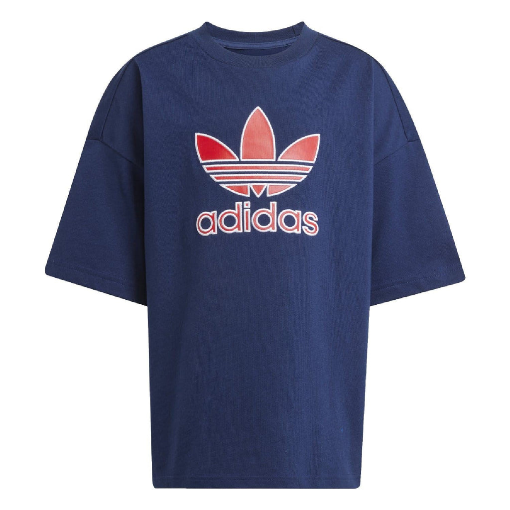 Kids navy adidas T-shirt with red trefoil logo center chest