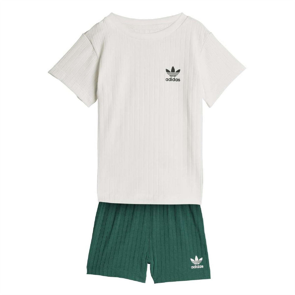 Infants ribbed t-shirt and shorts set, white tee with adidas logo, green shorts