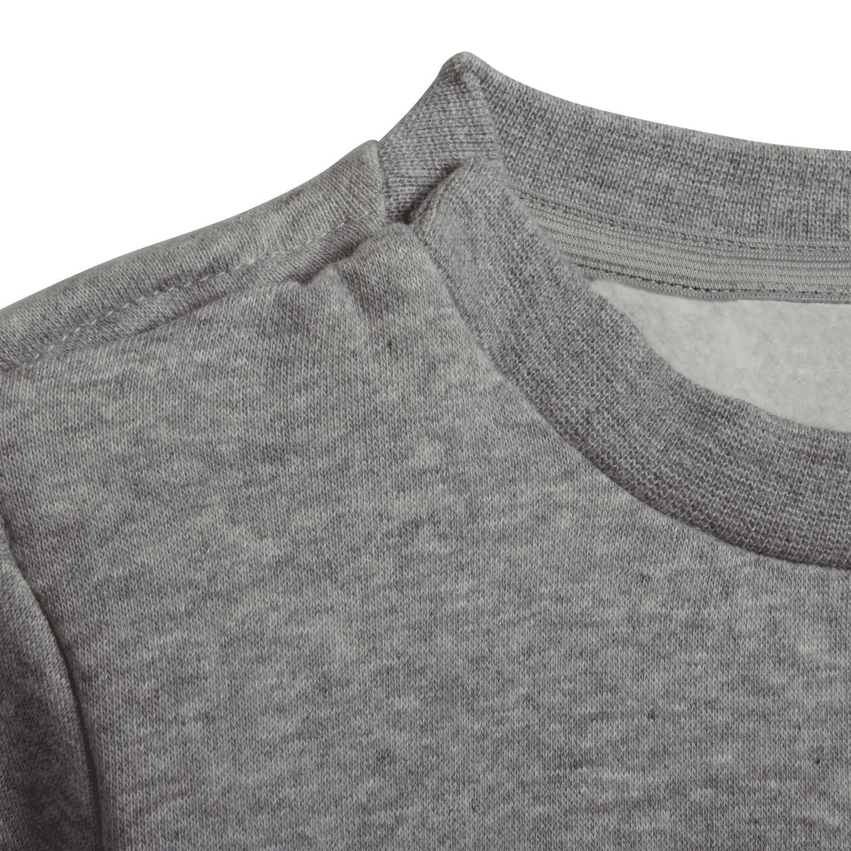 Grey infant crew sweatshirt neckline and front pocket detail.