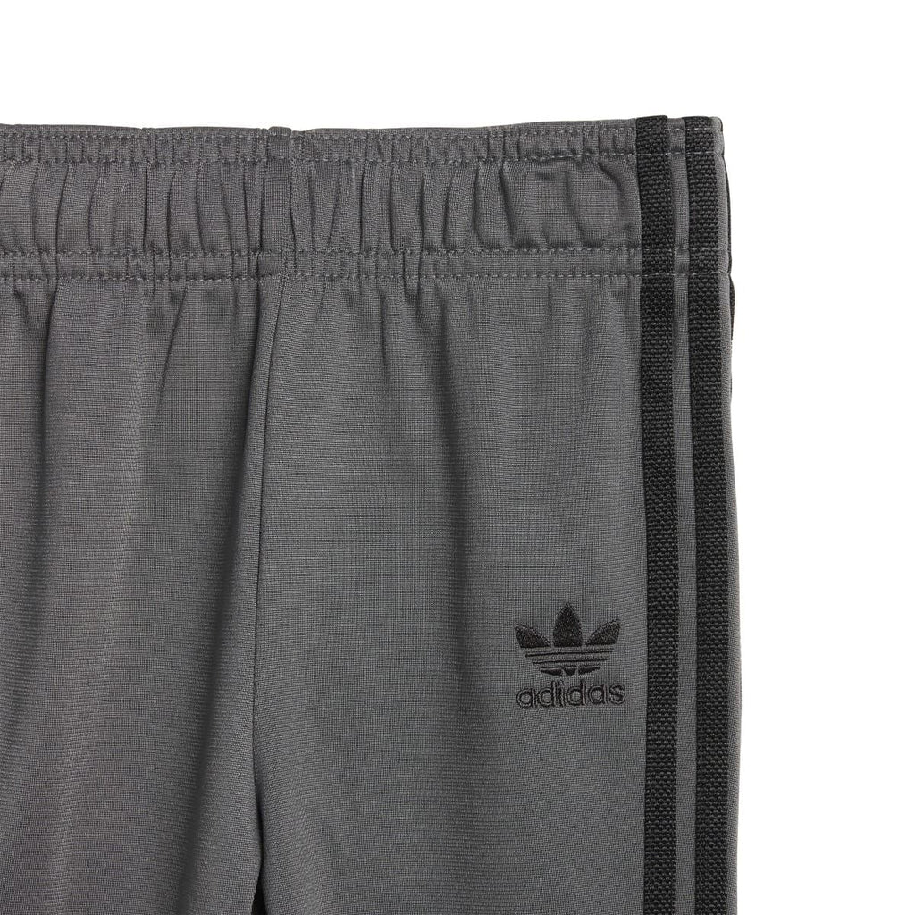 Grey adidas infants jogger shorts-style waistband with elastic and side stripes