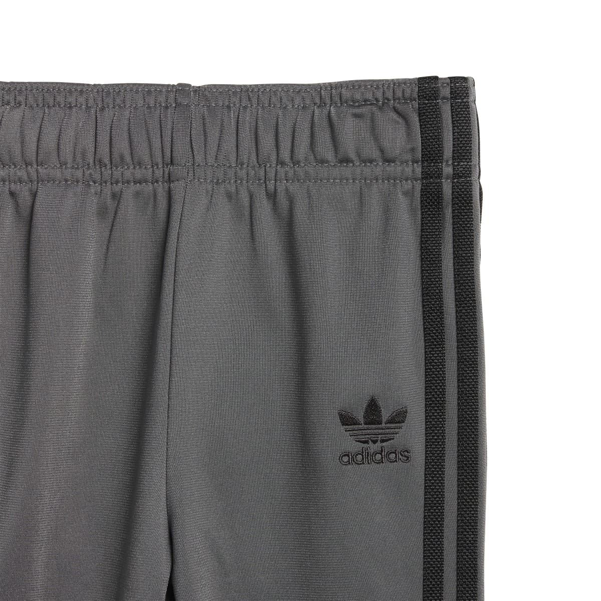 Grey adidas infants jogger shorts-style waistband with elastic and side stripes