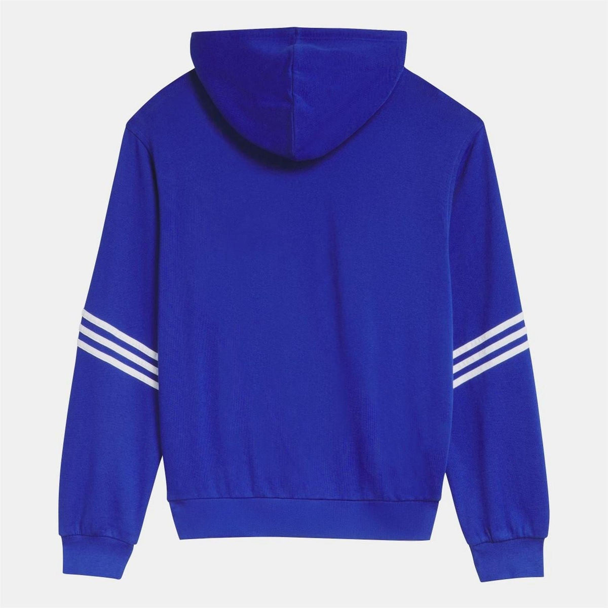 adidas Originals blue pullover hoodie, back view with striped sleeve cuffs