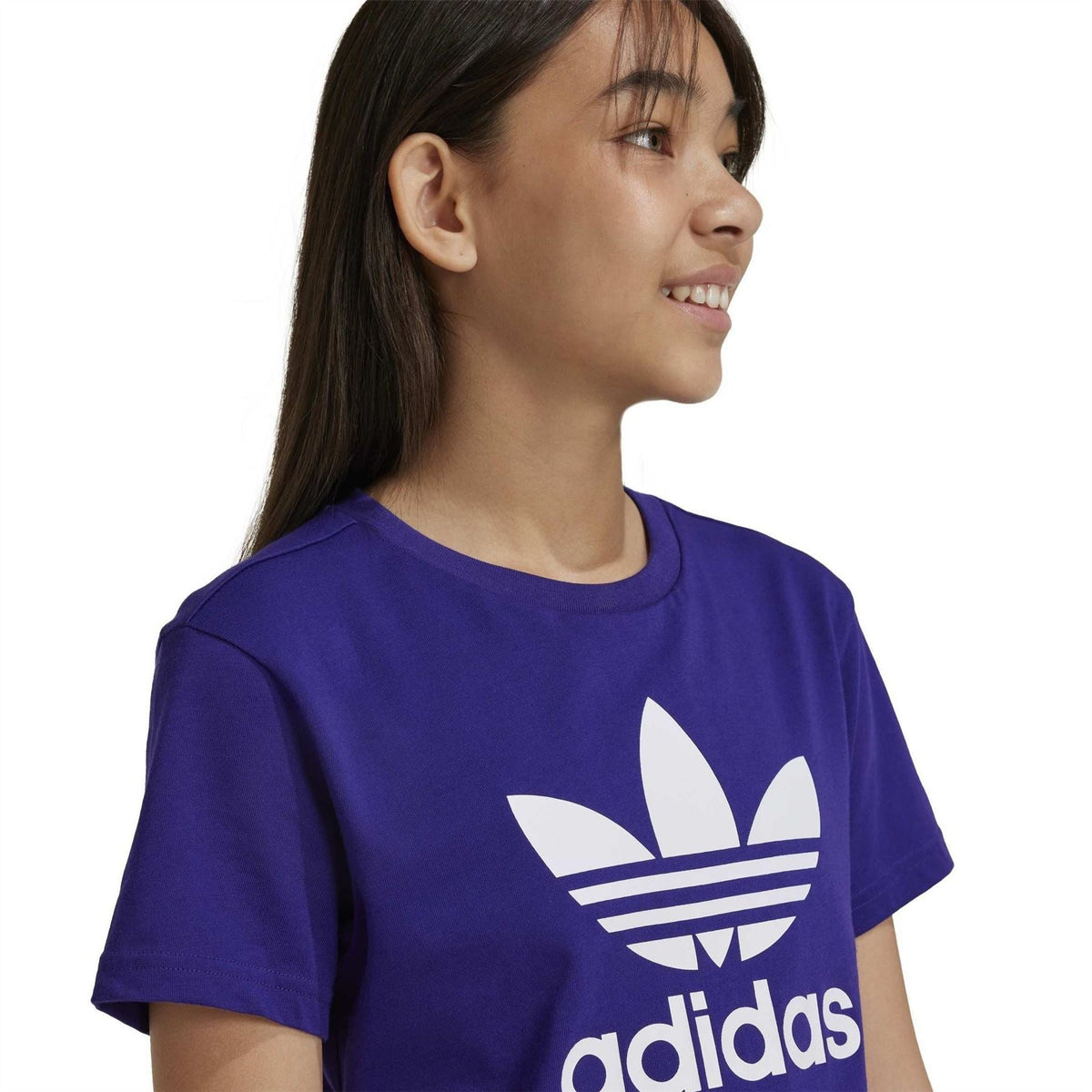 Purple crew neck short-sleeve T-shirt with large white adidas trefoil logo print