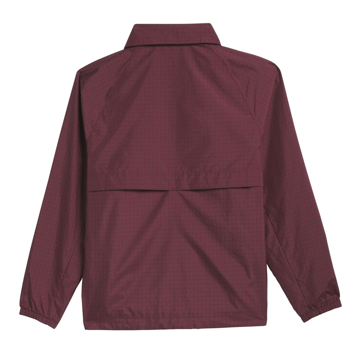 Shadow red coach jacket, back view with stand collar, full-length seams, side pockets