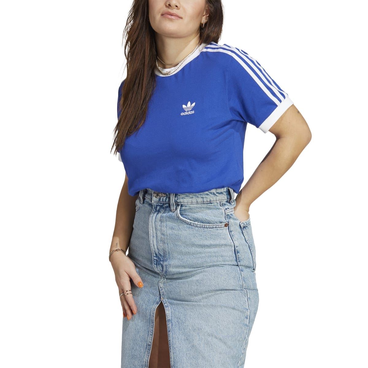 Blue adidas Originals t-shirt with white ribbed crew neck and 3-stripe sleeves