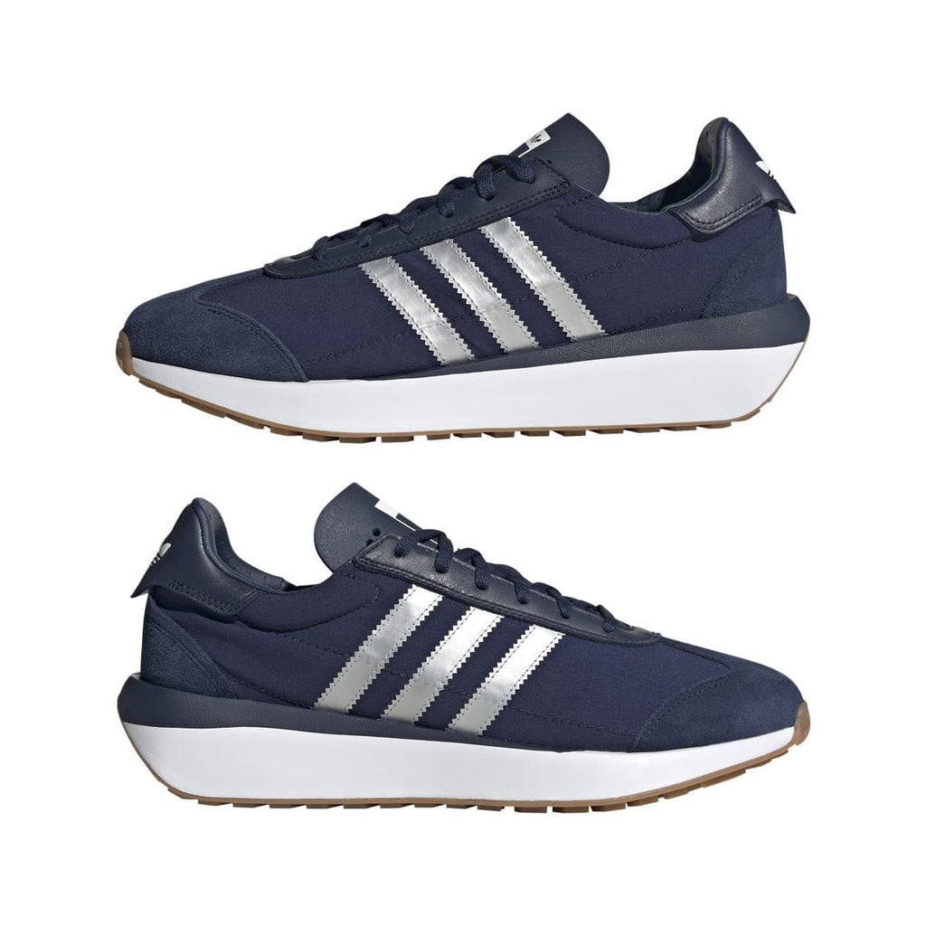 adidas Originals Courty XLG low-top trainers, navy upper, white triple stripes, two views