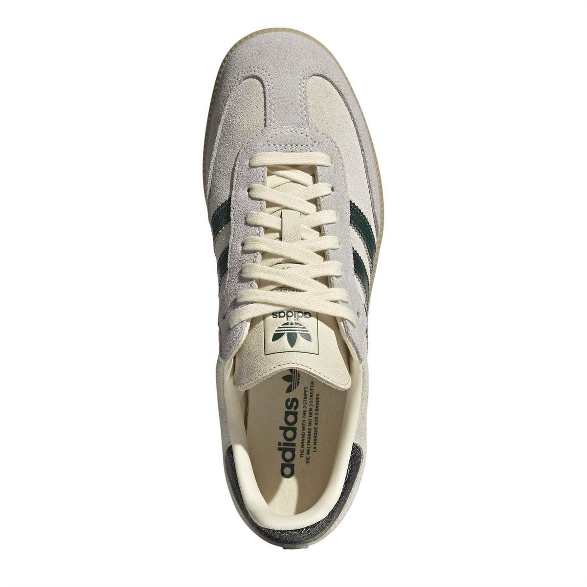 adidas Samba OG lace-up sneakers in light gray with green heel stripe and beige sole