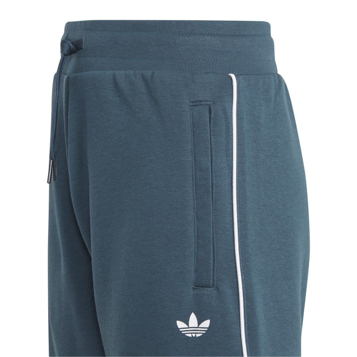 Blue junior shorts with adidas trefoil back logo and zip pocket detail