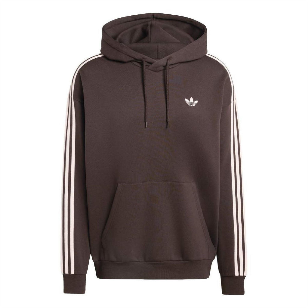 Dark brown adidas Originals hoodie with drawstring hood and white 3-stripe sleeves