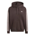 Dark brown adidas Originals hoodie with drawstring hood and white 3-stripe sleeves