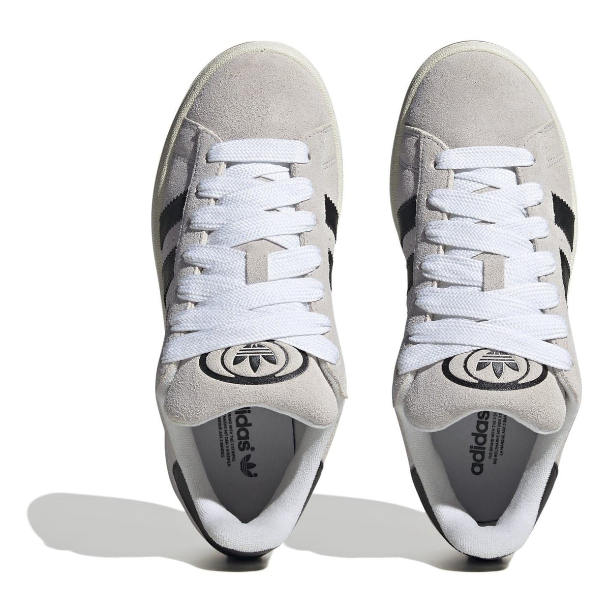 adidas Campus trainers front view with white laces on light grey uppers