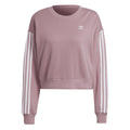 Pink crewneck sweatshirt with adidas Originals logo and striped sleeve cuffs