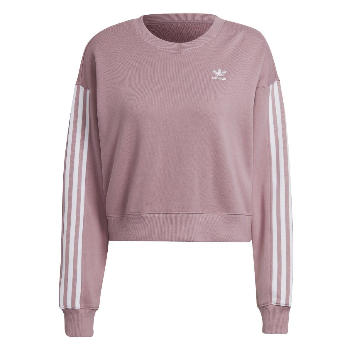 Pink crewneck sweatshirt with adidas Originals logo and striped sleeve cuffs