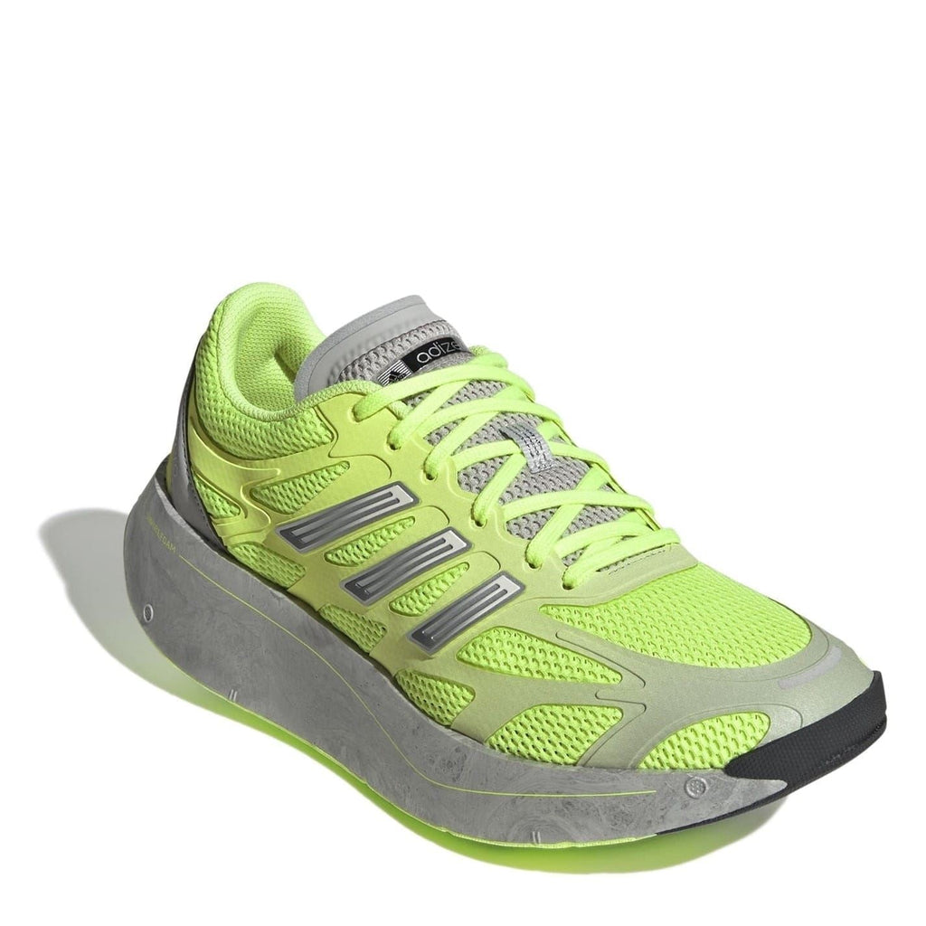 Front angled lace-up low top sneakers in neon green with grey overlay and tread sole