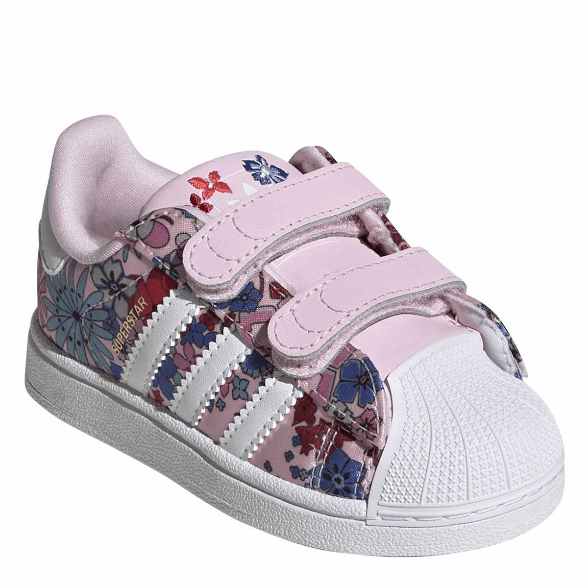 Infants' adidas trainers, light pink overlays, floral print with white three-stripe details