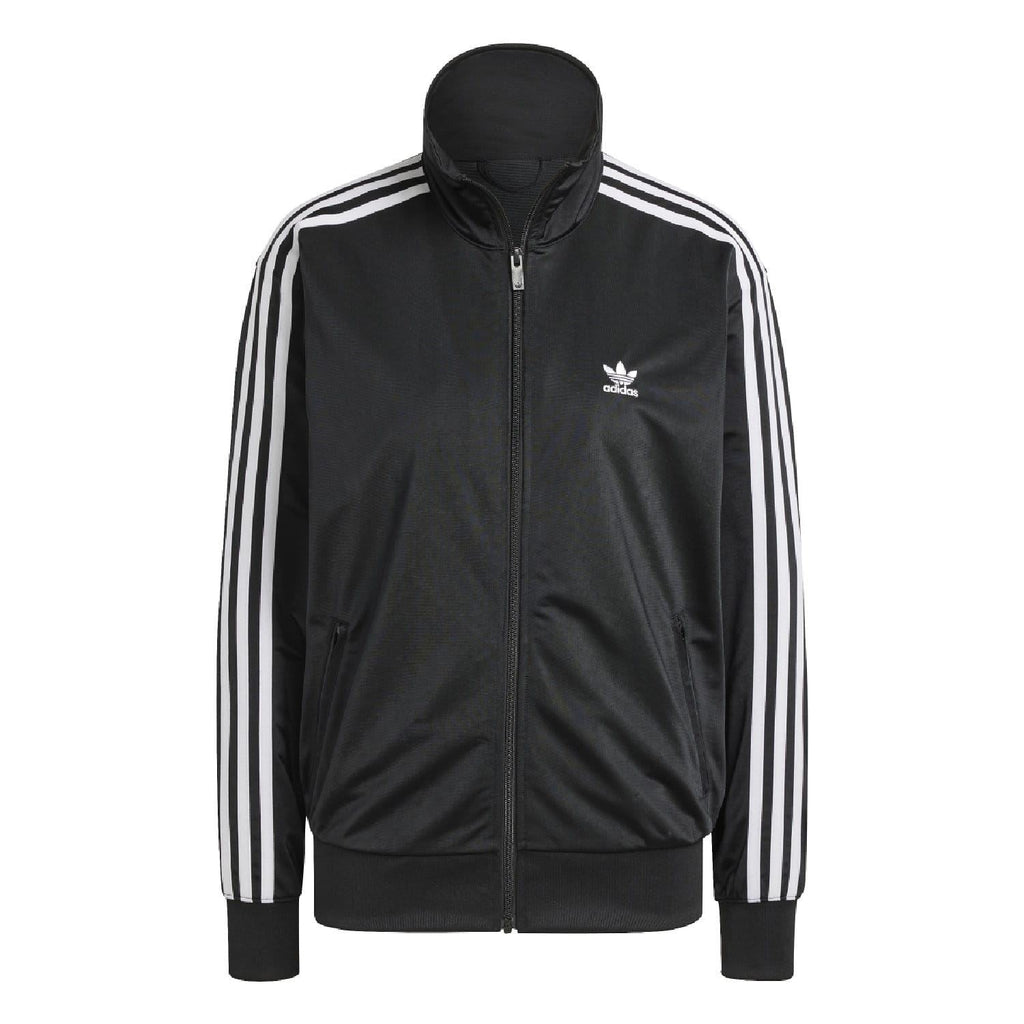 Black adidas track jacket with full-zip front, stand collar, and white stripe bands