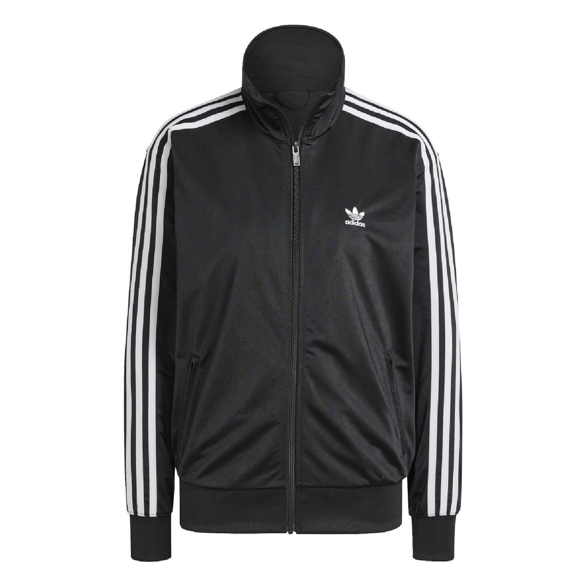 Black adidas track jacket with full-zip front, stand collar, and white stripe bands