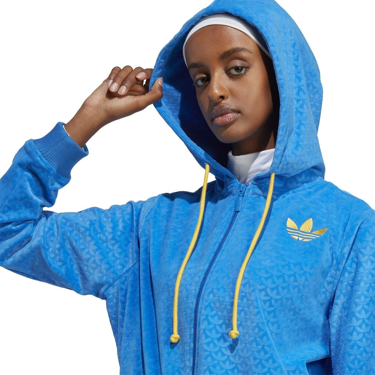 adidas Originals Adicolour 70s Velour Zip Hoodie sweatshirt in colorful velour fabric with front zipper and hood, casual style.