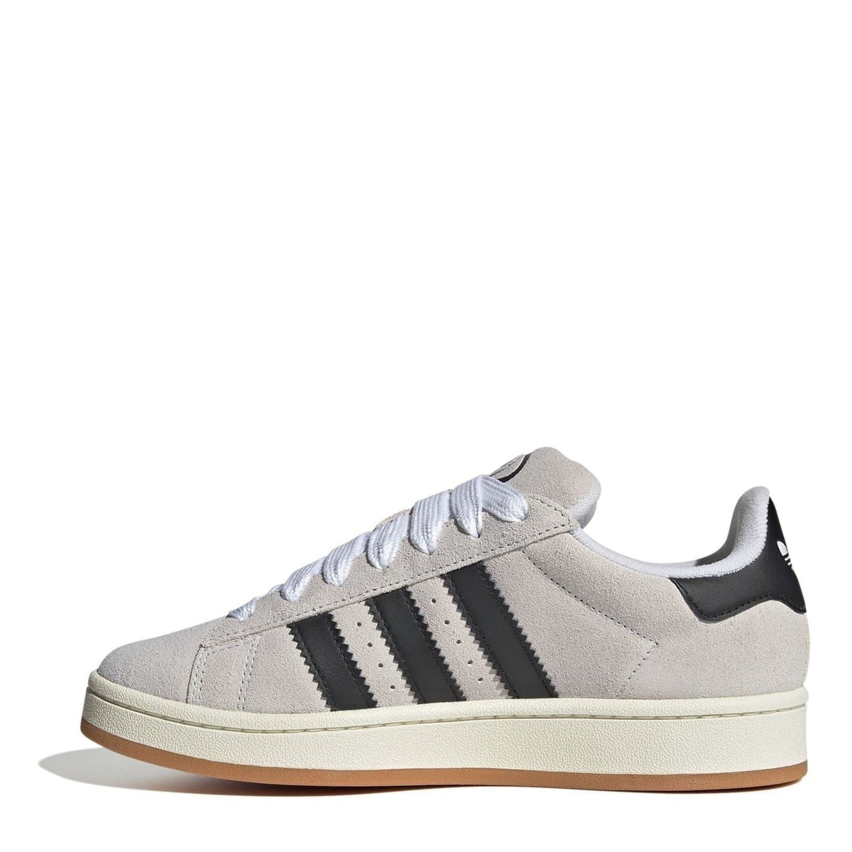 adidas Campus trainers side view in light grey with black adidas stripes