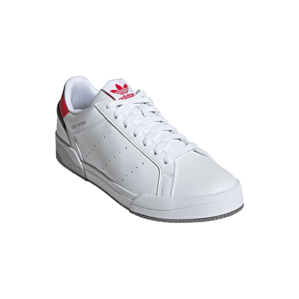 White lace-up adidas Originals trainers with Trefoil logo on tongue and gray outsole