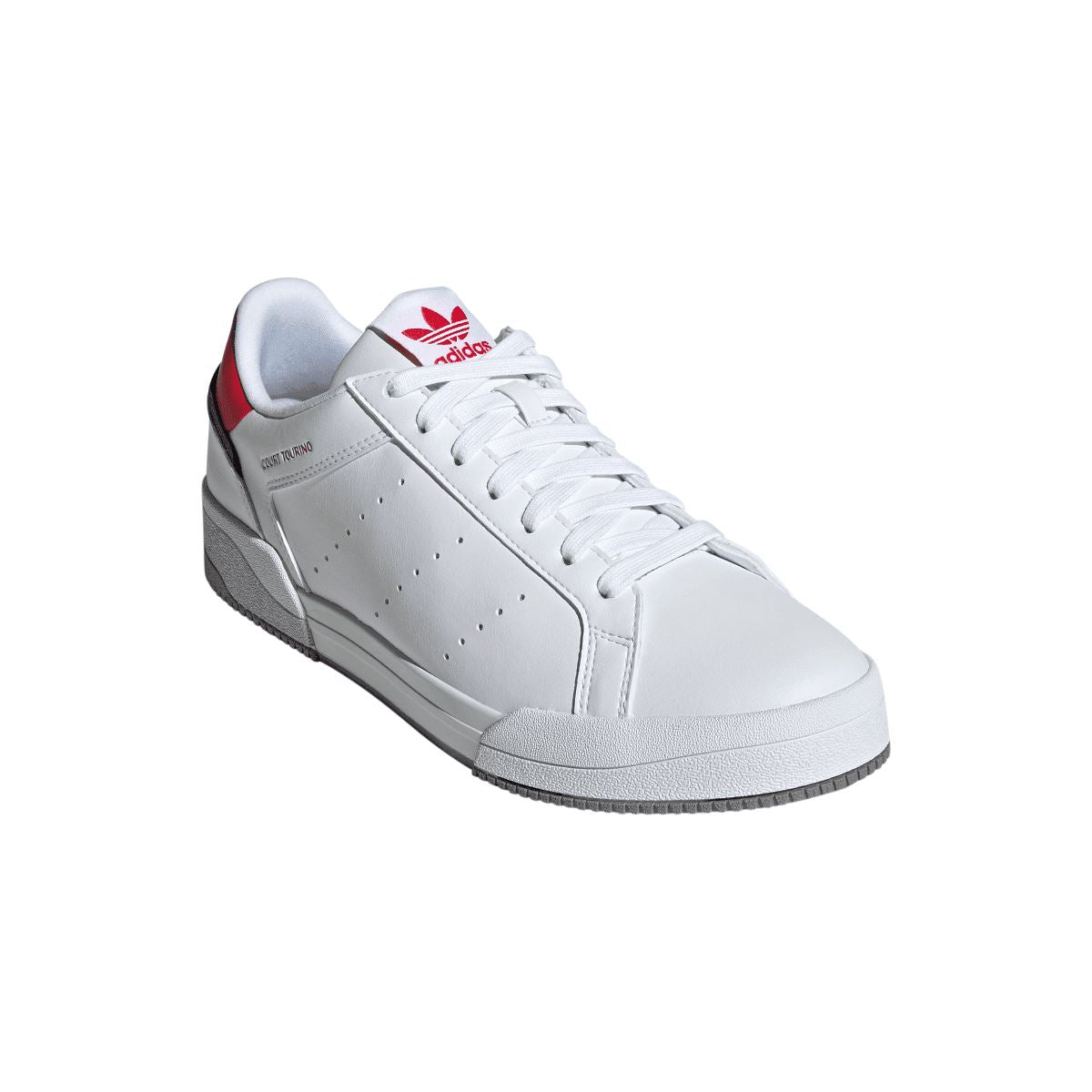White lace-up adidas Originals trainers with Trefoil logo on tongue and gray outsole