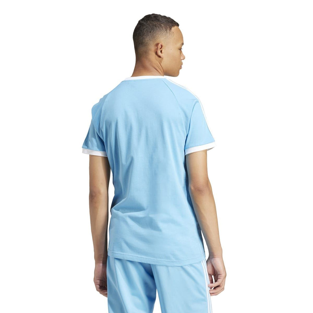 Light blue crew-neck T-shirt back view with white three-stripe sleeve details
