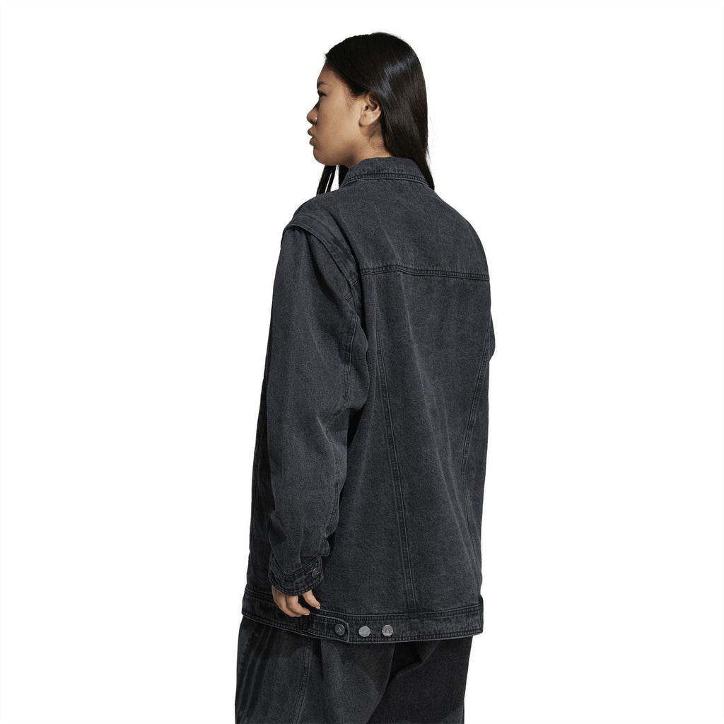 Black denim shirt jacket with back view, stand collar and button cuffs