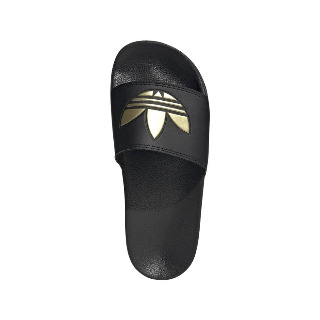 Black slide sandal single, front view with gold logo badge on upper