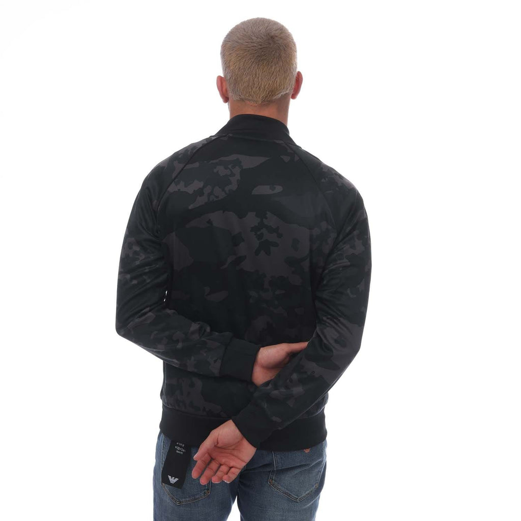 Men's camo track top, back view with full-zip and stand collar, black