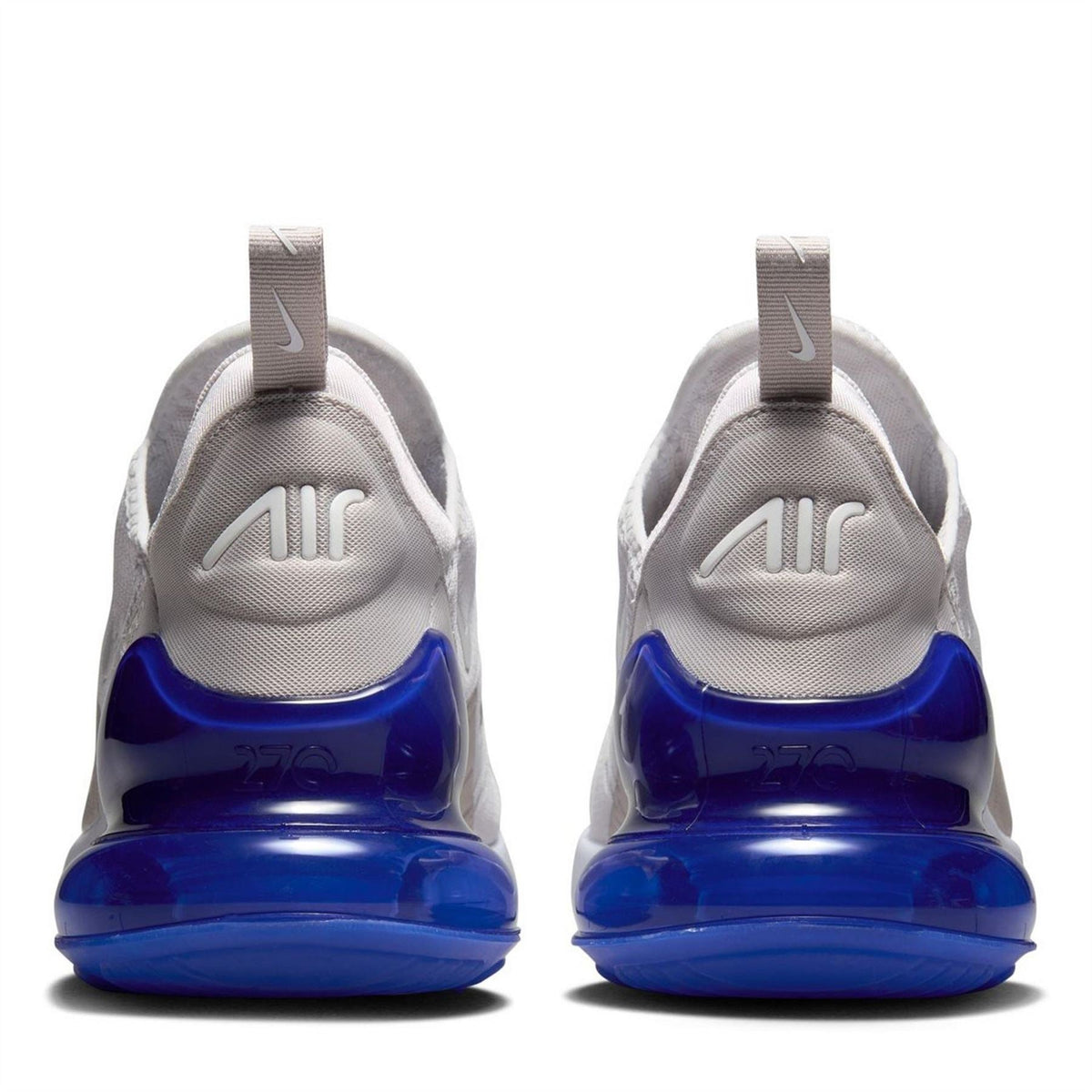 Air Max 270 sneaker heel view in light grey with blue air window