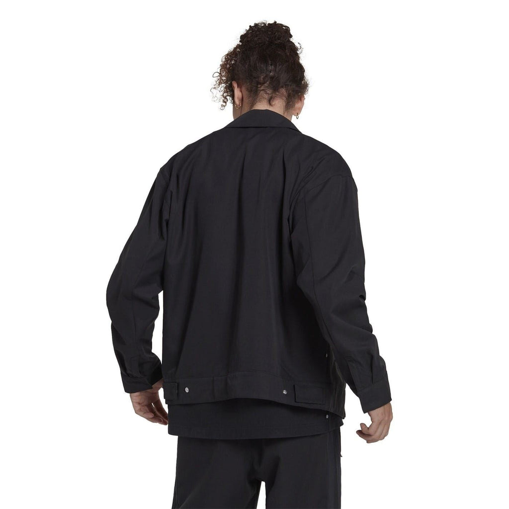 Black zip-up jacket shown from back with stand collar and full-length sleeves