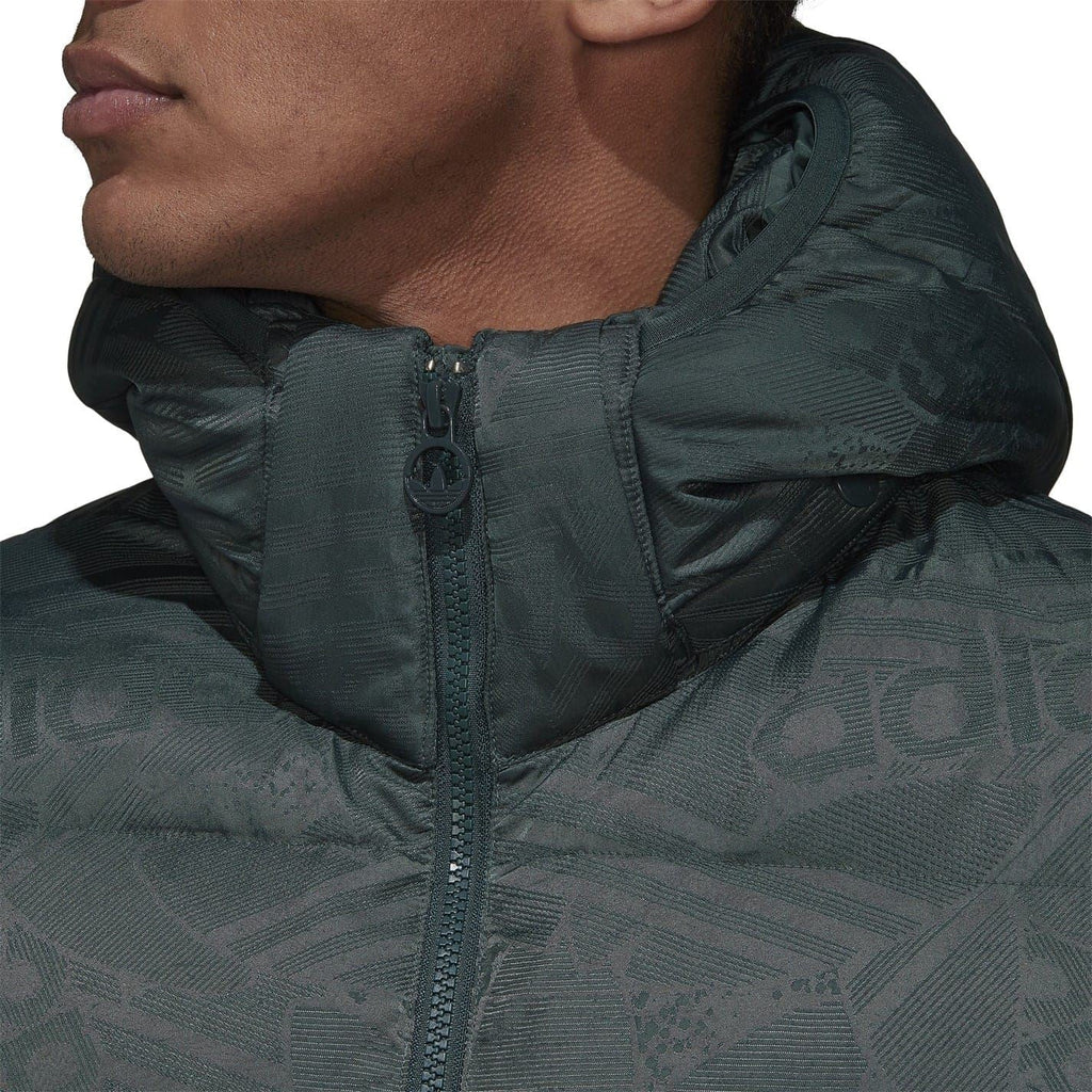 Close-up of hood and full-zip front on dark green puffer jacket
