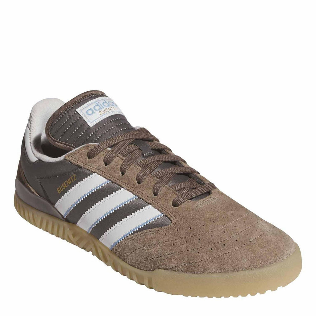 adidas Originals low-top skate shoe, brown suede with white stripes and padded collar