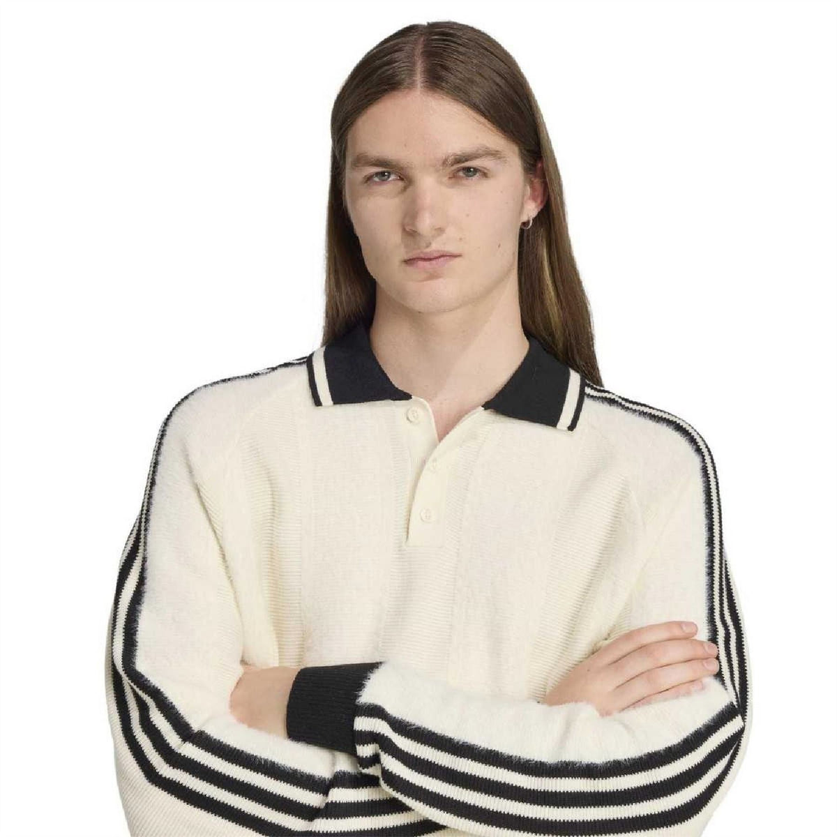 adidas Originals collared raglan sweater in cream with black striped ribbed trim