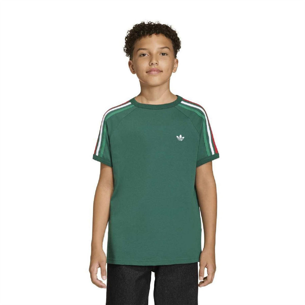 Kids dark green adidas Originals T-shirt with trefoil logo and red/white shoulder stripes