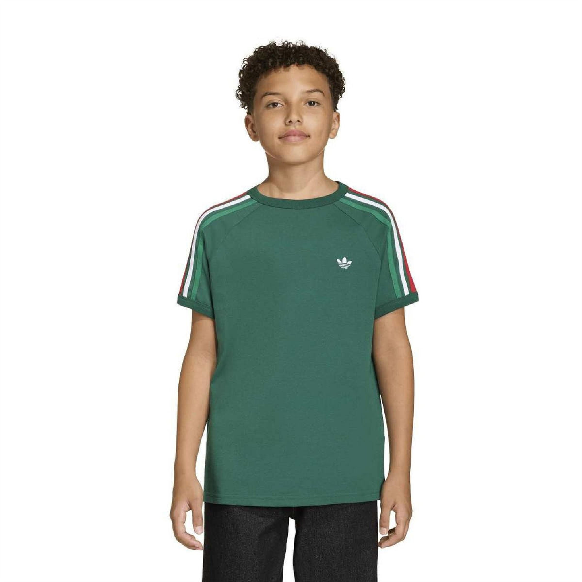 Kids dark green adidas Originals T-shirt with trefoil logo and red/white shoulder stripes